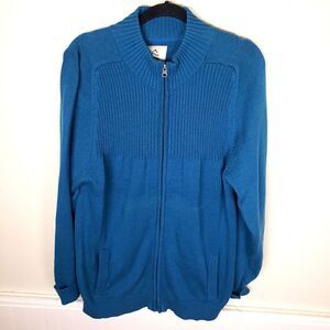 Women's Blue Knitted Cotton Long Tunic Zip Up Cold Weather Jacket Size XL
